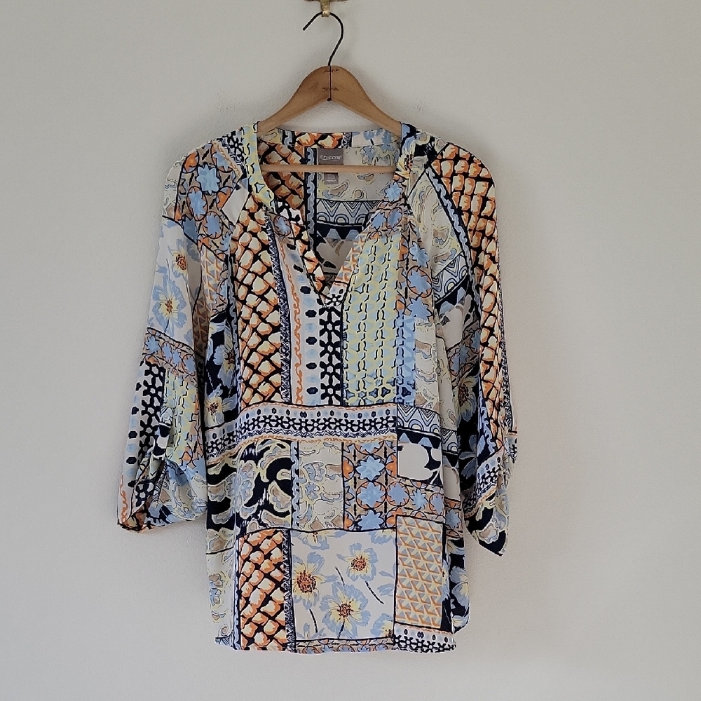 Chico's Blue‎ Yellow Patchwork Print Vneck Blouse Size XL